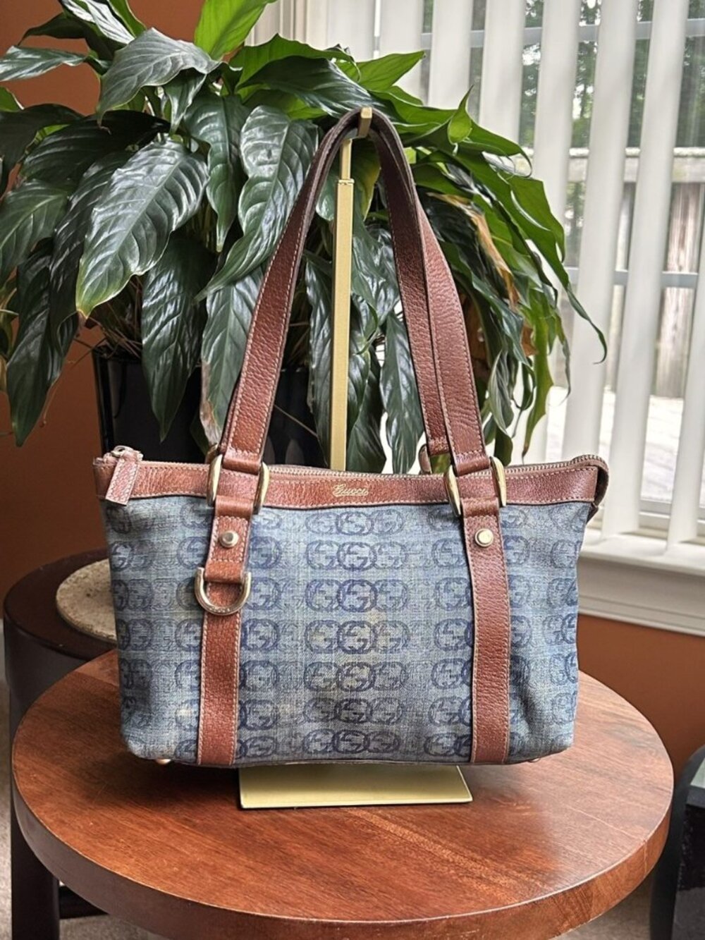 GUCCI GG Denim Tote, Satchel Bag, Blue, Brown